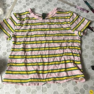 Wild Fable XS Yellow Green Pink Striped Cropped Short Sleeve T